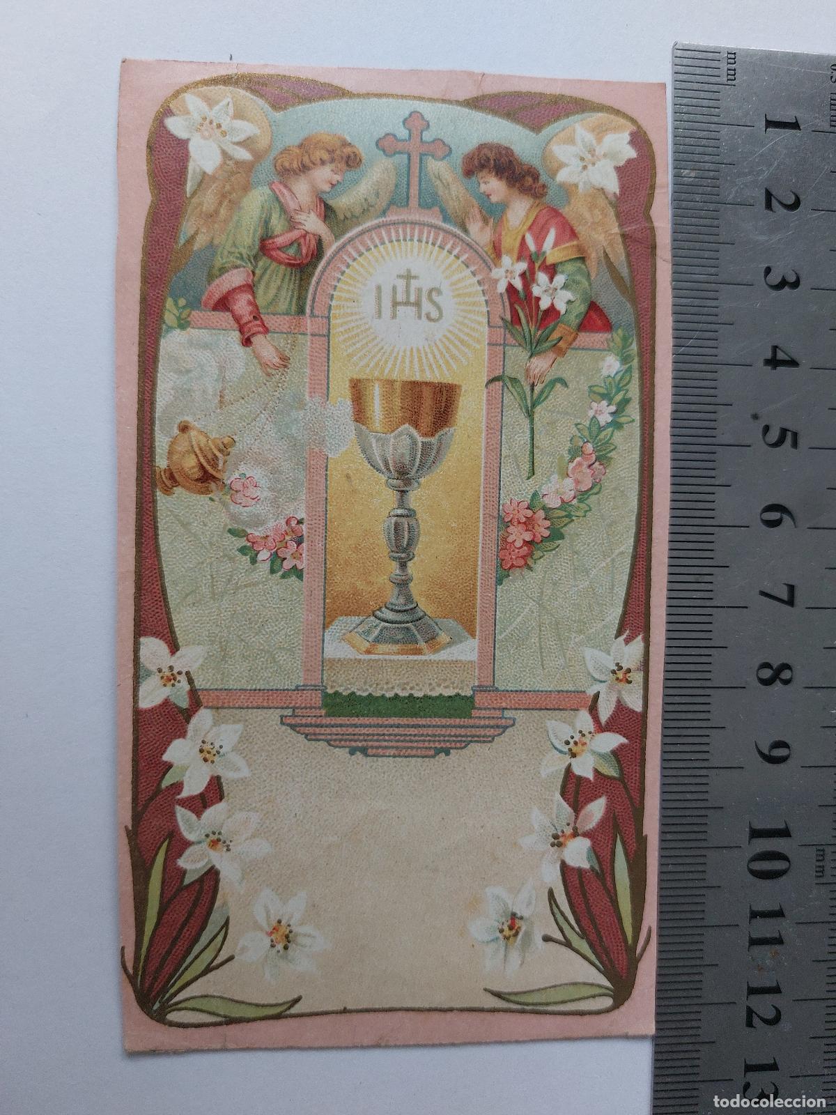 Postales: Estampa religiosa con ilustraci&oacute;n de c&aacute;liz y &aacute;ngeles