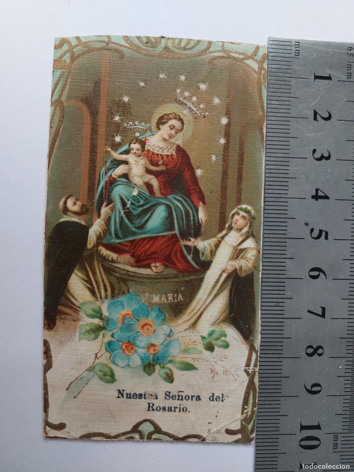Postales: Estampa religiosa de Nuestra Se&ntilde;ora del Rosario con el ni&ntilde;o Jes&uacute;s