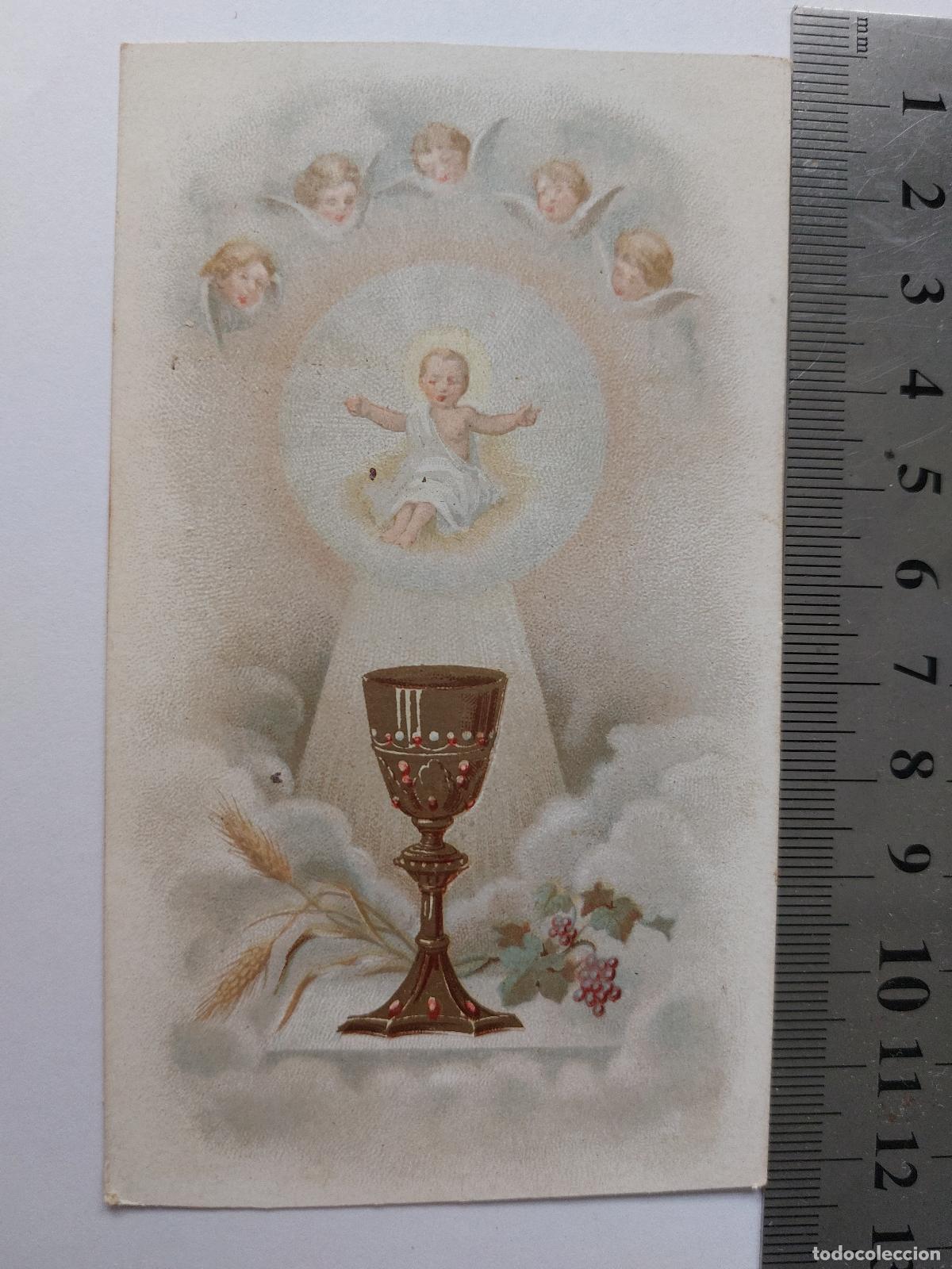 Postales: Estampa religiosa con representaci&oacute;n de c&aacute;liz, hostia y &aacute;ngeles