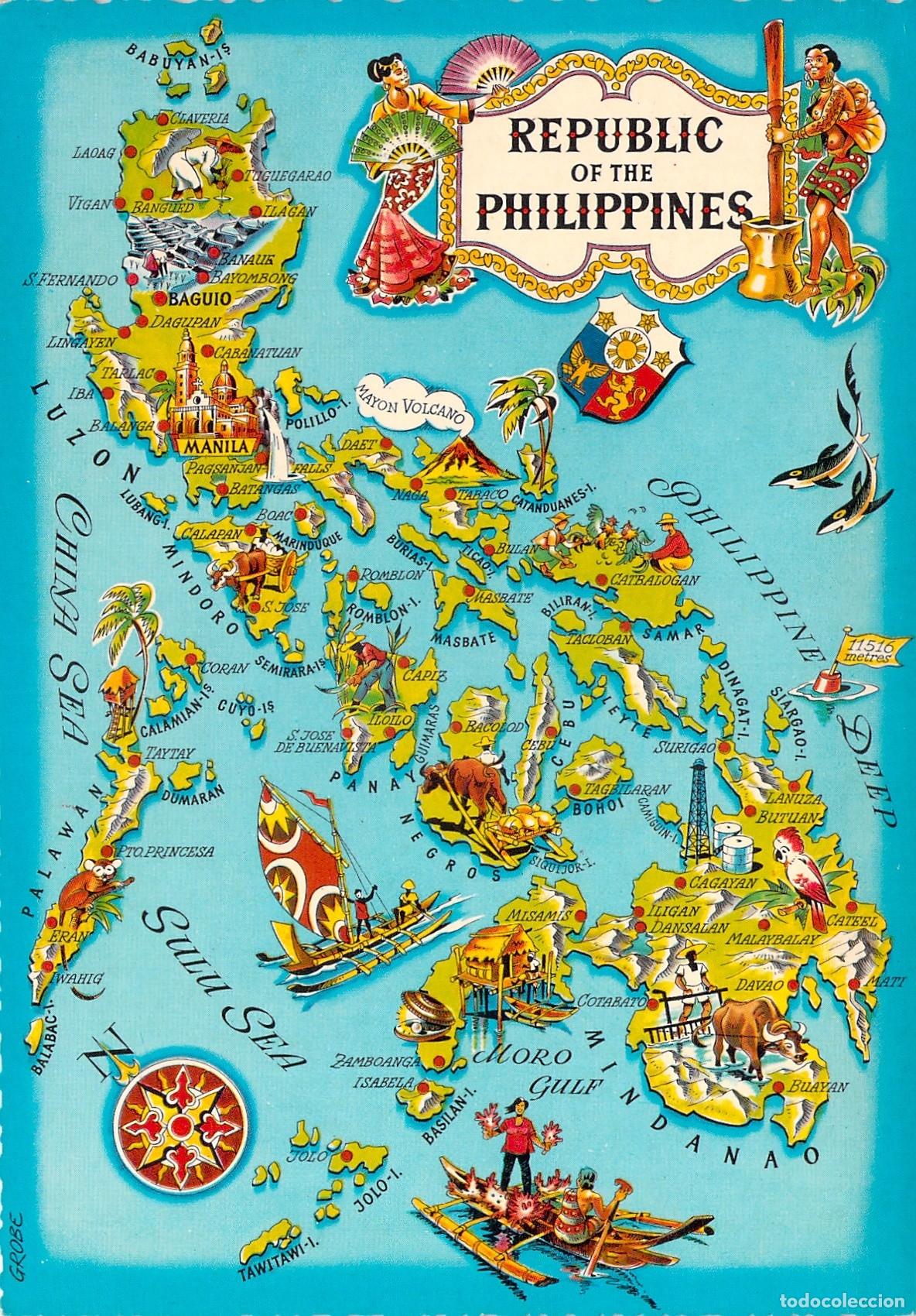 Postales: Postal ilustrada del mapa de la Rep&uacute;blica de las Filipinas