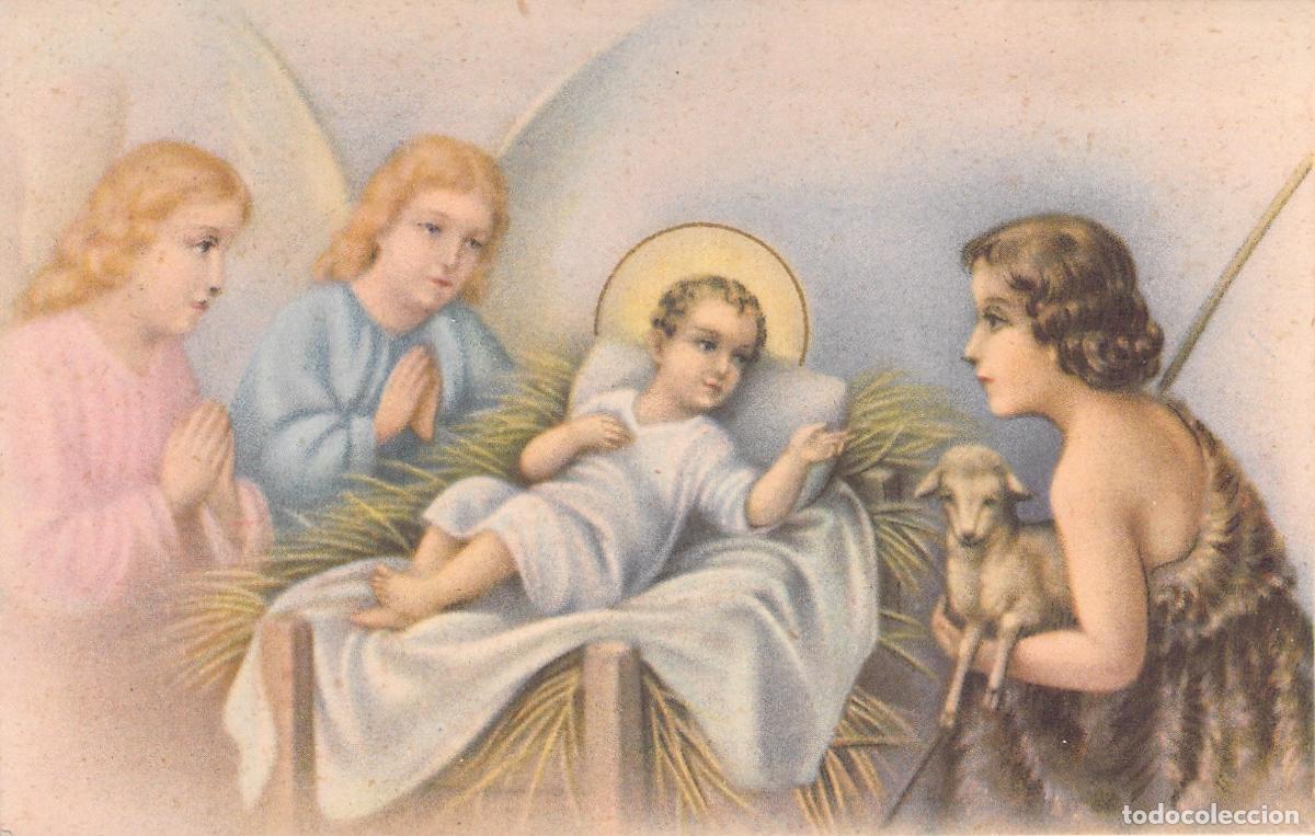 Postales: Postal religiosa con nacimiento, &aacute;ngeles y San Juan Bautista