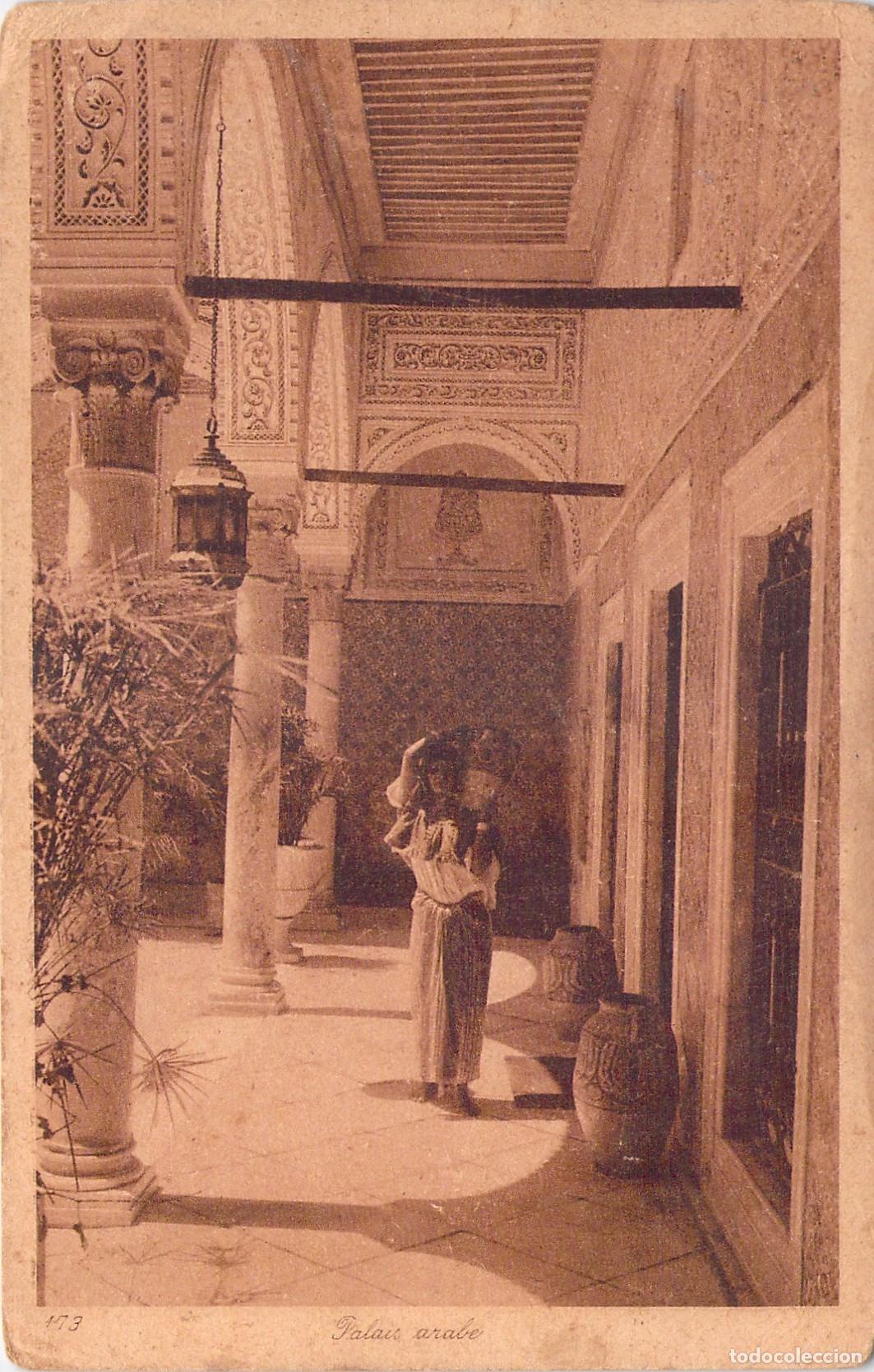 Postales: Postal de un palacio &aacute;rabe con mujer, arquitectura tradicional