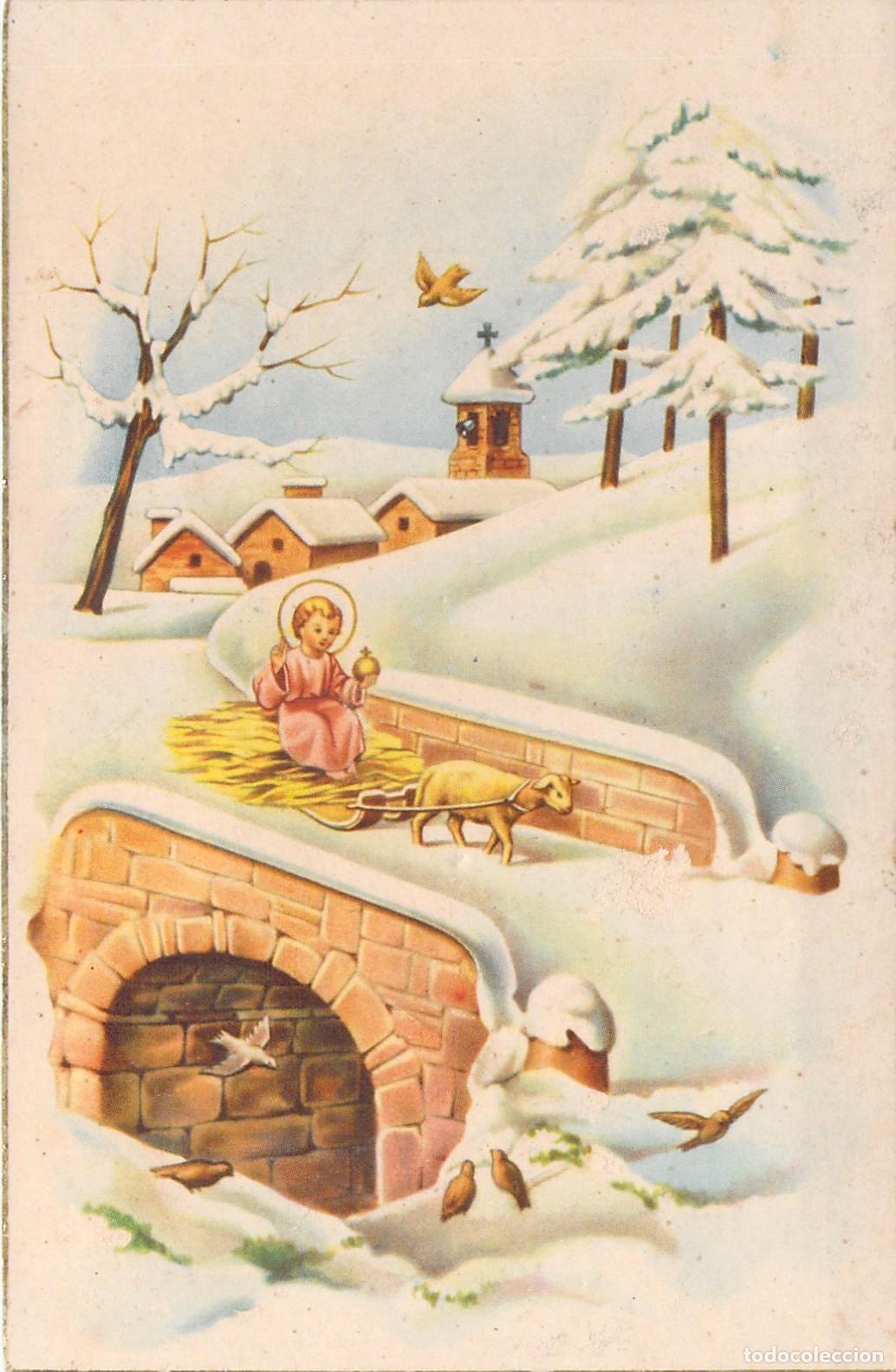 Postales: Postal con ilustraci&oacute;n del Ni&ntilde;o Jes&uacute;s y cordero en paisaje de invierno
