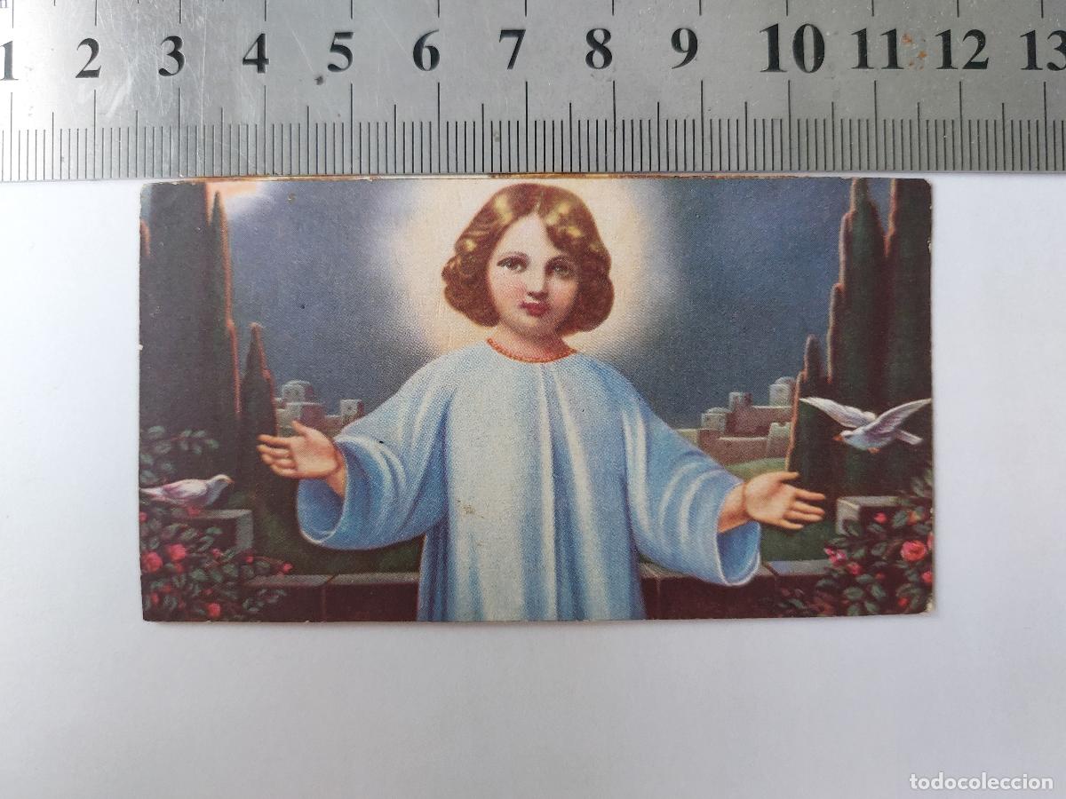 Postales: Estampa con ilustraci&oacute;n de Jes&uacute;s ni&ntilde;o con palomas en un jard&iacute;n