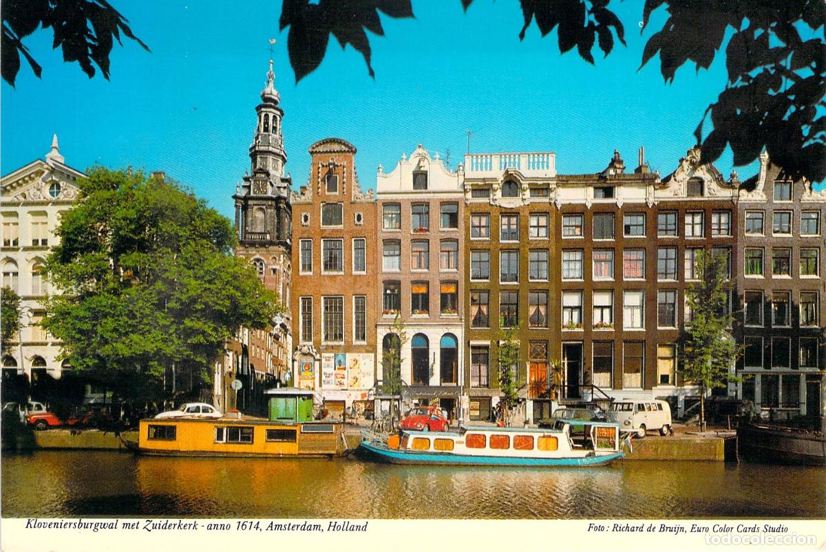 Postales: Postal de &Aacute;msterdam con vista al canal Kloveniersburgwal y la iglesia Zuiderkerk