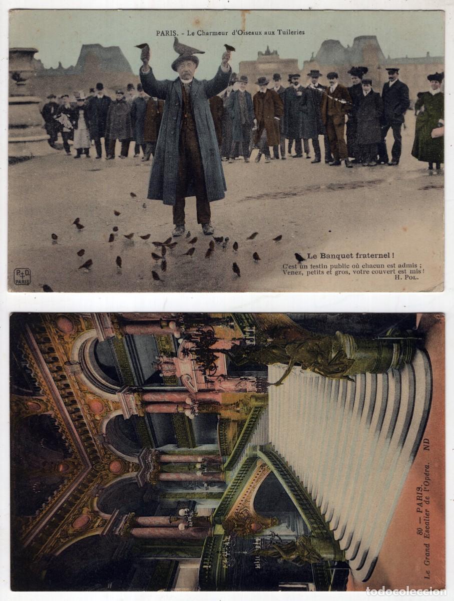 Postales: PARIS, 2 TARJETAS POSTALES Le charmeur d'Oiseaux aux Tuileries y Le grand escalier de l'Opera