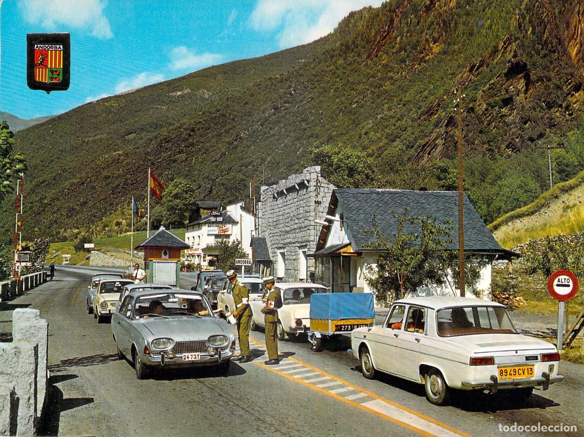 Postales: Postal de la Frontera entre Espa&ntilde;a y Andorra con coches