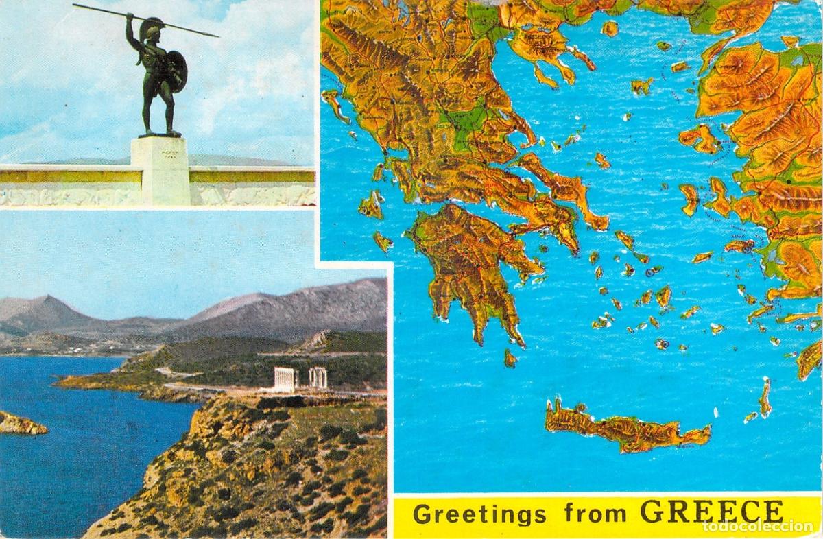 Postales: Postal de Grecia con mapa ilustrado y monumentos