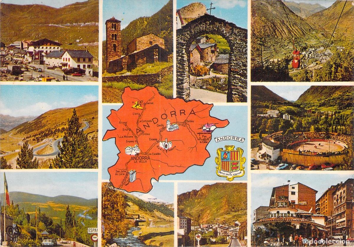 Postales: Postal de vistas panor&aacute;micas y mapa de los valles de Andorra
