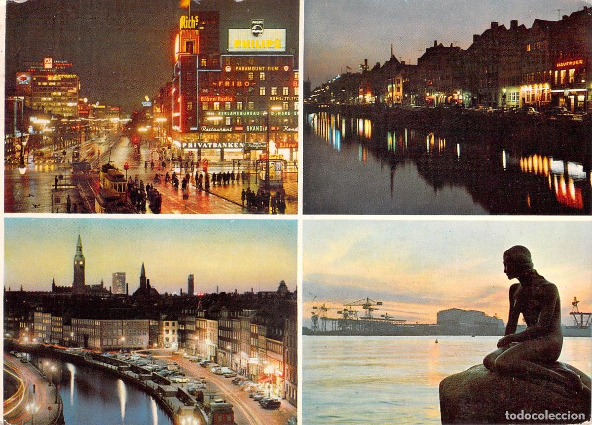 Postales: Postal de vistas nocturnas y La Sirenita en Copenhague