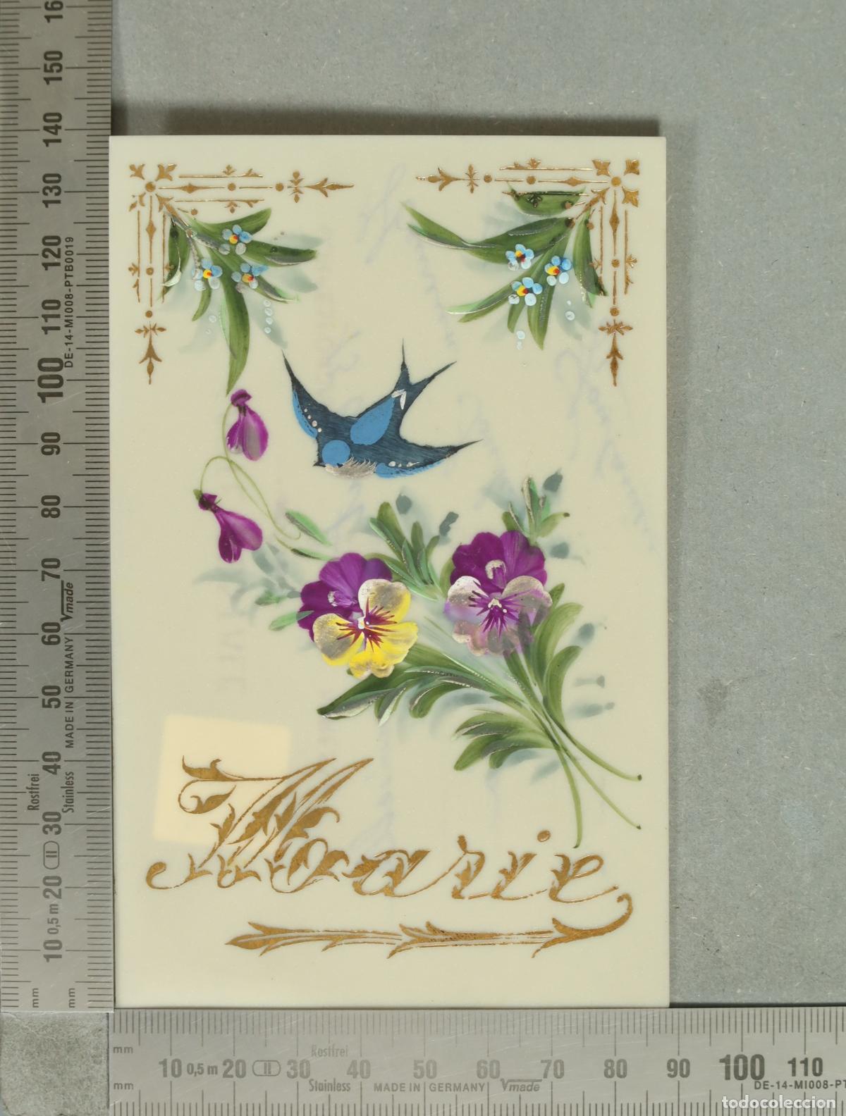 Postales: POSTAL. Felicitacion flores pajaros golondrinas - Celuloide pintada a mano