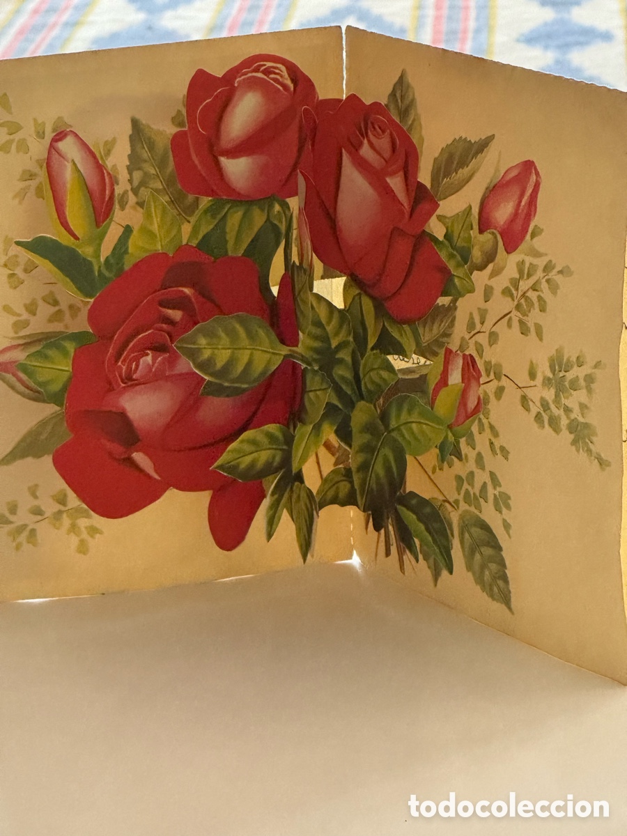 Postales: Tarjeta felicitaci&oacute;n CIMER Madrid 1956 Virgen pop-up rosas troqueladas