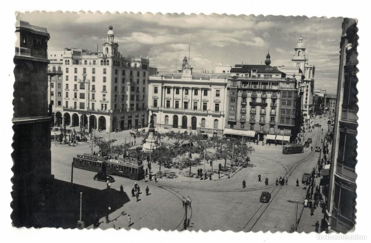 Postales: Postal antigua de Zaragoza &ndash; Plaza de Espa&ntilde;a con tranv&iacute;as