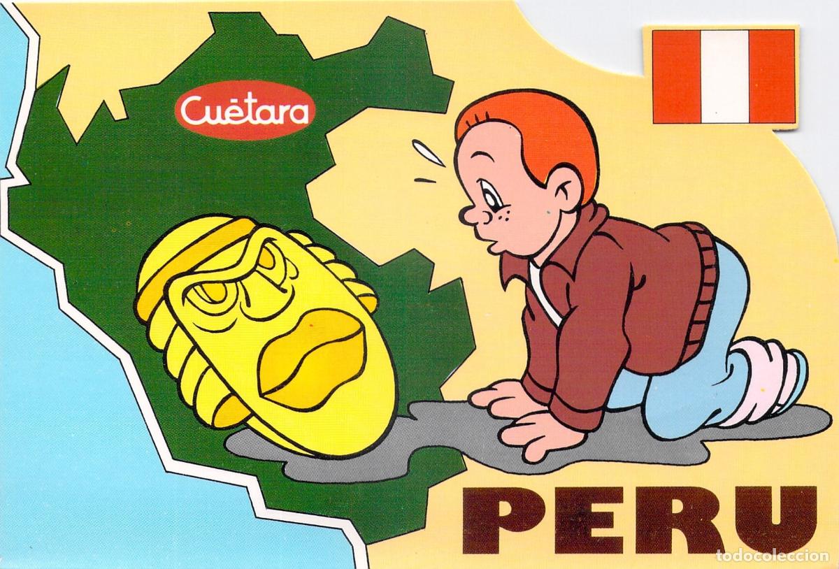 Postales: Postal de Per&uacute; con ilustraci&oacute;n de personaje infantil y mapa del pa&iacute;s