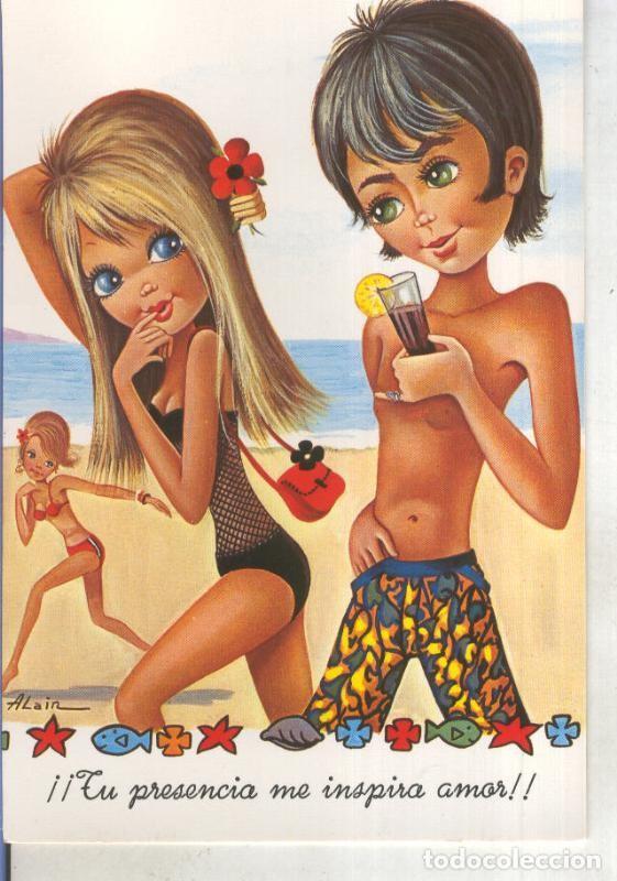 Postales: Postal 015271: Pareja en la playa, ilustracion de Alain - Varios