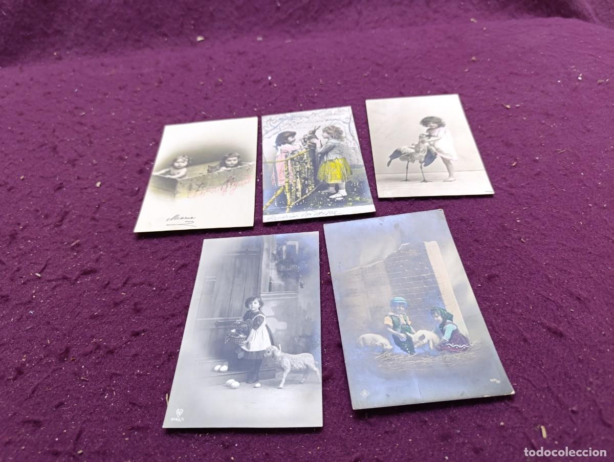 Postales: Lote de 5 Postales, Antiguas o Vintage, Ni&ntilde;as con Animales, varios editores, unos 14 x 9 cms.
