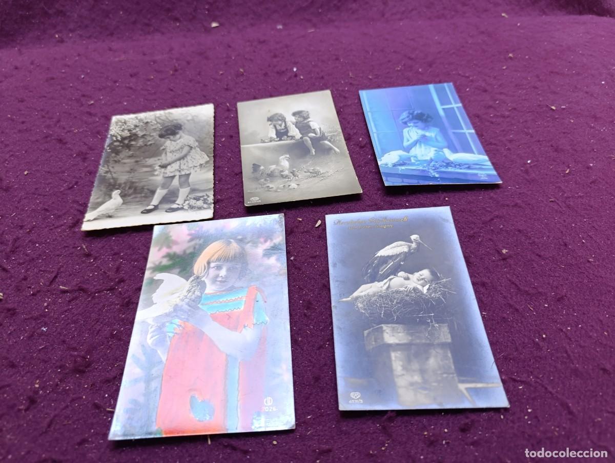 Postales: Lote de 5 Postales, Antiguas o Vintage, Ni&ntilde;as con Aves, varios editores, unos 14 x 9 cms.