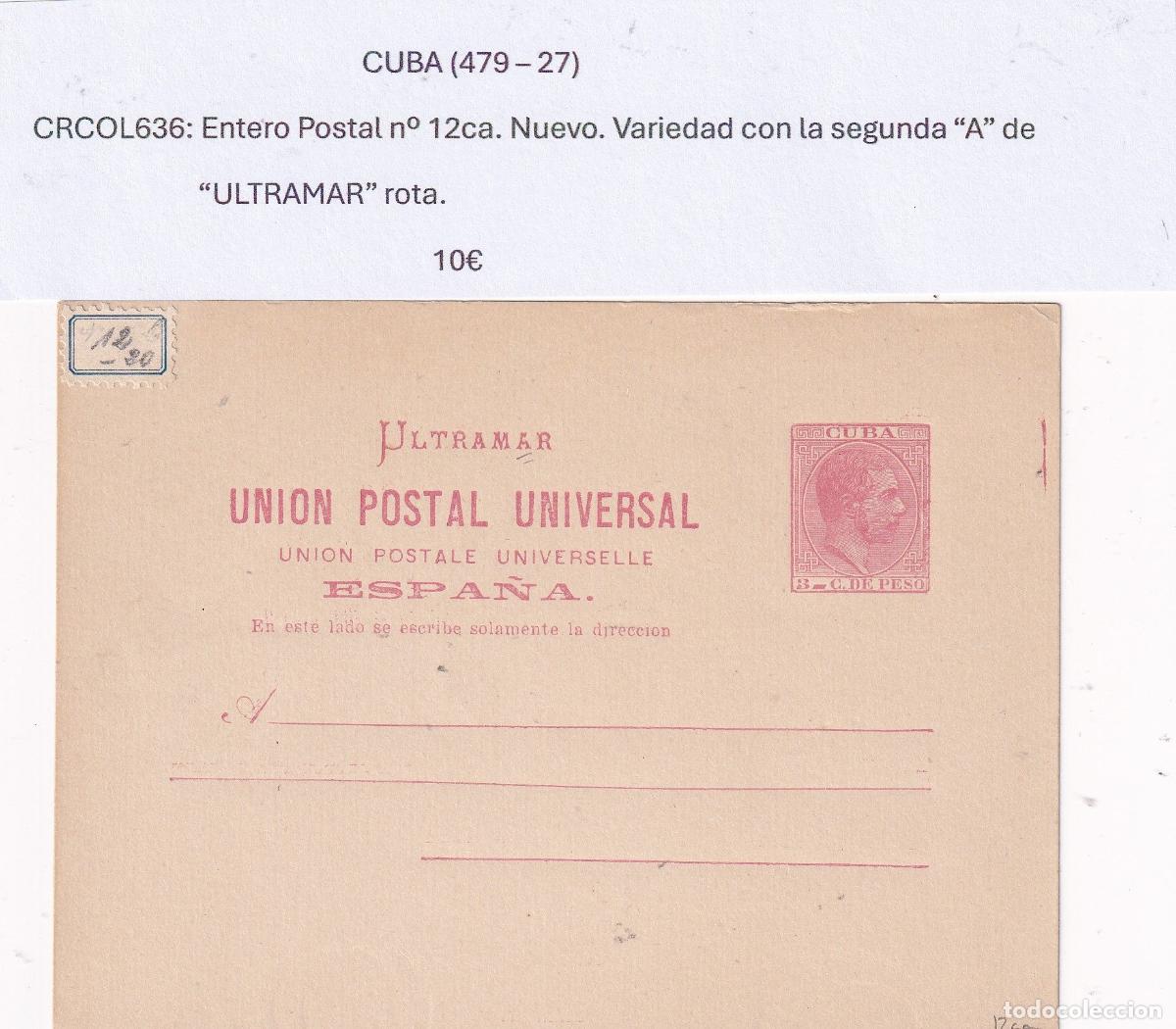 Postkarten: CRCOL636 CUBA ENTERO POSTAL N&ordm; 12CA (VER DESCRIPCION EN FOTO)
