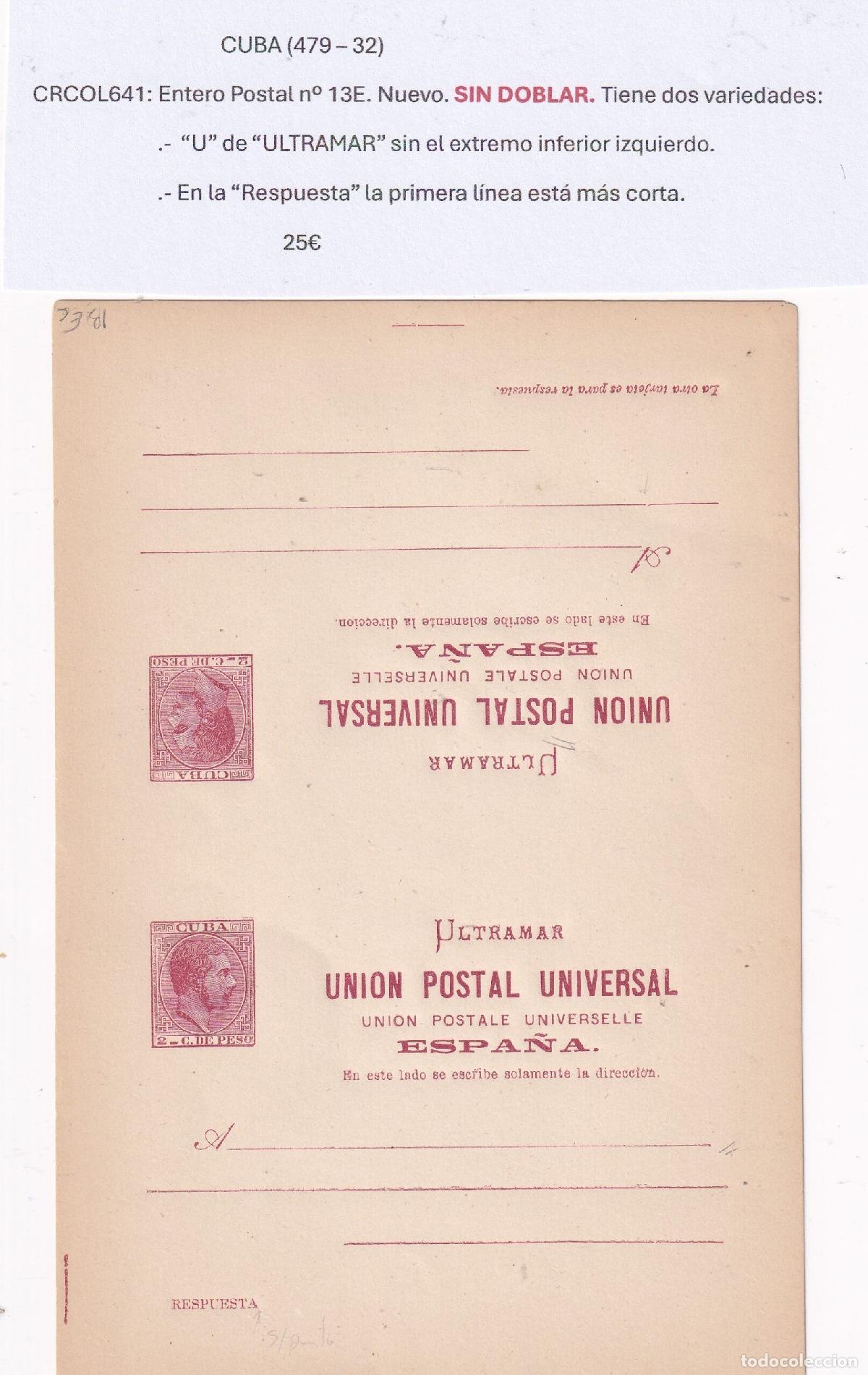 Postkarten: CRCOL641 CUBA ENTERO POSTAL N&ordm; 13E (VER DESCRIPCION EN FOTO)