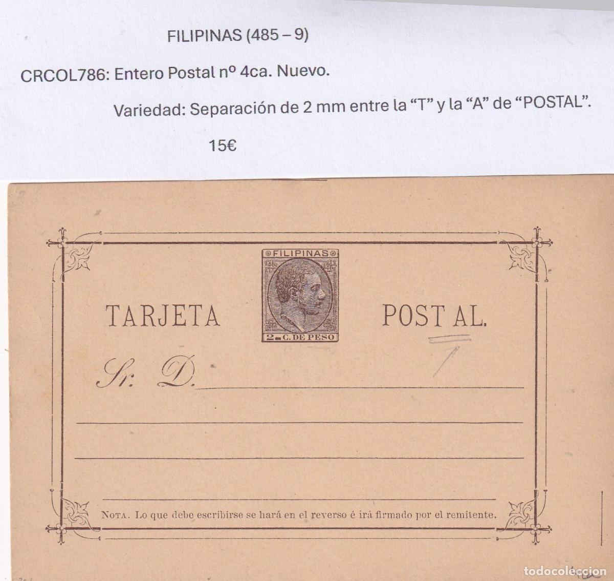 Cartoline: CRCOL786 ENTERO POSTAL FILIPINAS N&ordm; 4CA NUEVO VER DESCRIPCON EN FOTO