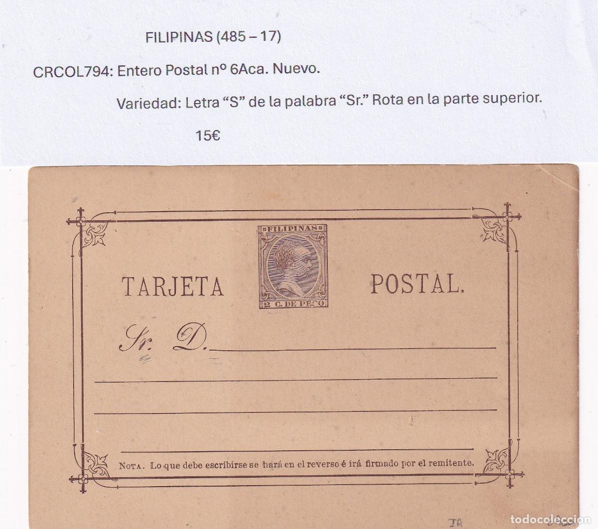 Postkarten: CRCOL794 ENTERO POSTAL FILIPINAS N&ordm; 6ACA. VER DESCRIPCON EN FOTO