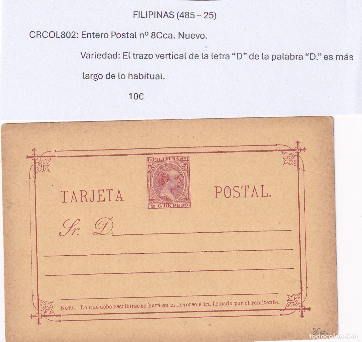 Postkarten: CRCOL802 ENTERO POSTAL FILIPINAS N&ordm; 8CCA VER DESCRIPCON EN FOTO