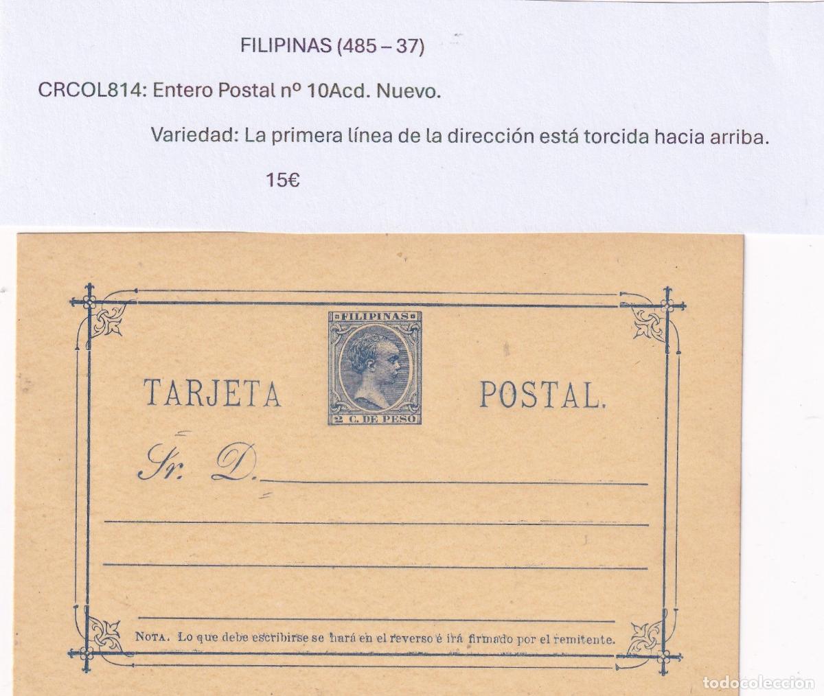 Postales: CRCOL814 ENTERO POSTAL FILIPINAS N&ordm; 10ACD VER DESCRIPCON EN FOTO