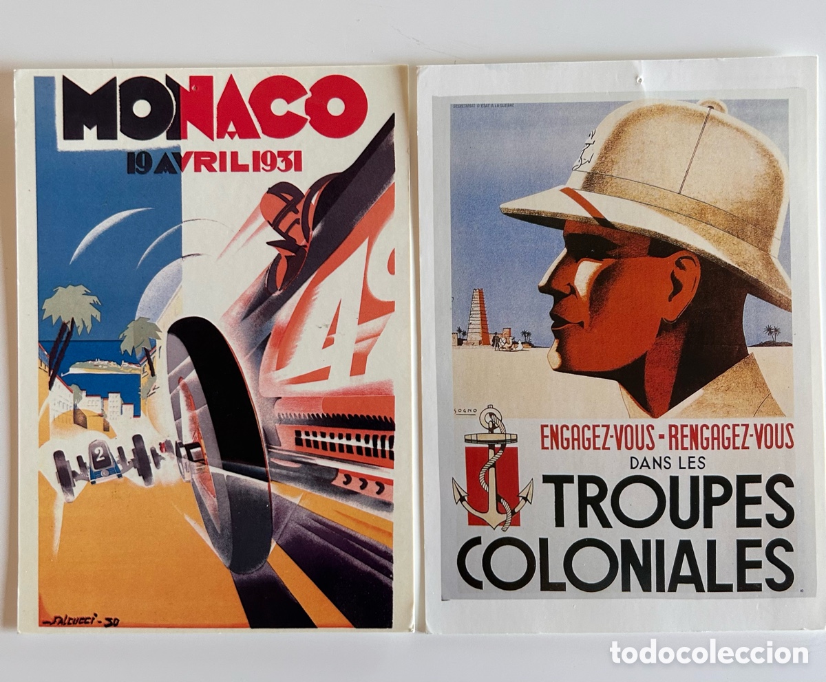 Postales: Set de 2 postales francesas &ndash; Automovilismo y Tropas Coloniales