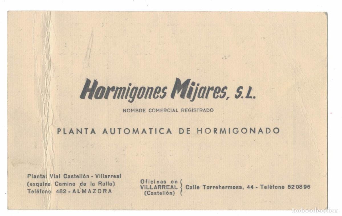 Postales: Tarjeta comercial Hormigones Mijares S.L. Villarreal Castell&oacute;n 1971 precios hormig&oacute;n
