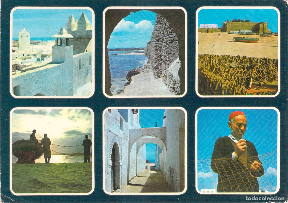 Postales: Postal de Hammamet, T&uacute;nez, vistas costeras y escena t&iacute;pica