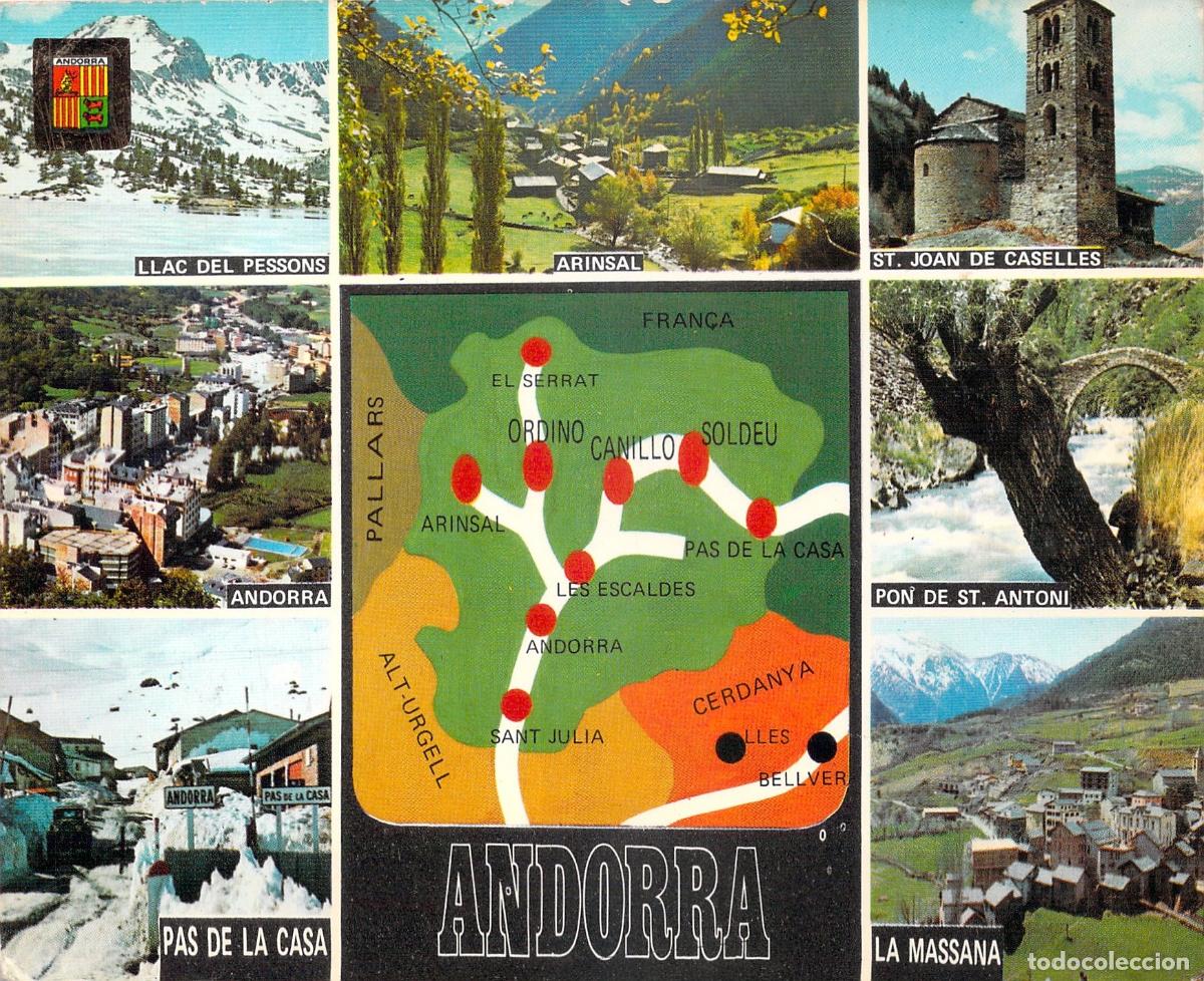 Postales: Postal de Andorra con mapa y vistas panor&aacute;micas de diversos lugares