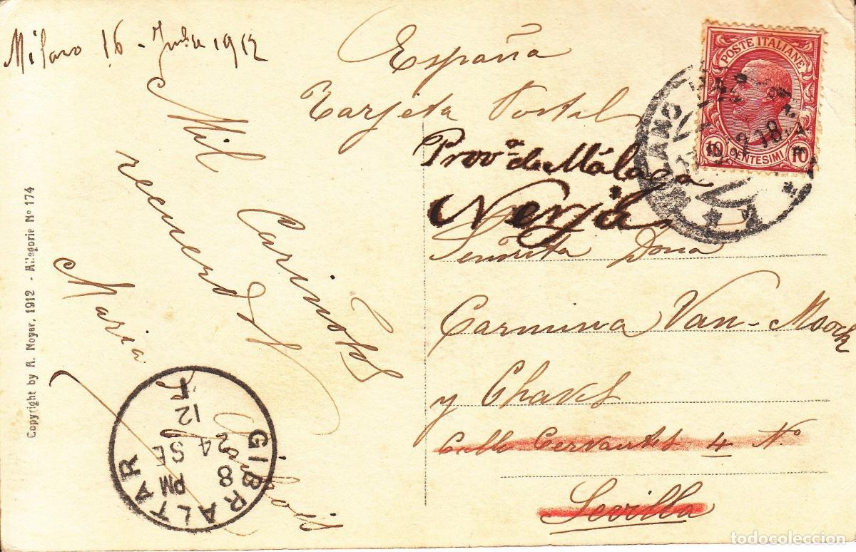 Postales: CRCAR287 TARJETA POSTAL DE MILAN A SEVILLA CON SELLO N&ordm; 77 DE ITALIA. FECHADOR MILAN 17-09-12 Y