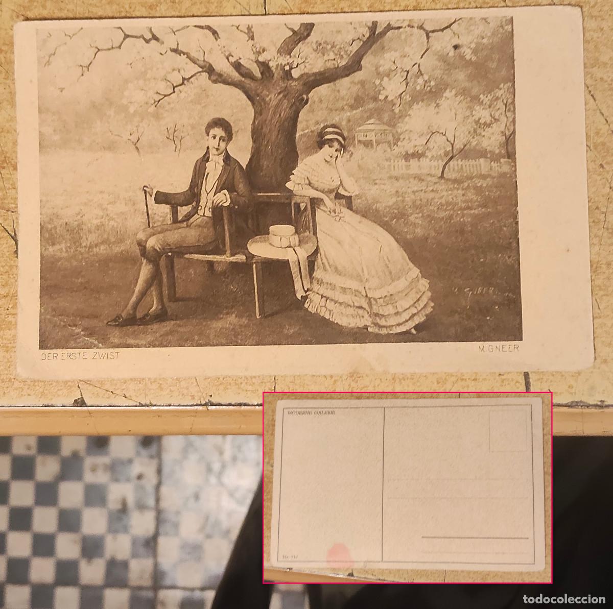 Postales: postal escena rom&aacute;ntica titulada en alem&aacute;n &laquo;Der erste Zwist&raquo; (El primer desencuentro o disputa)