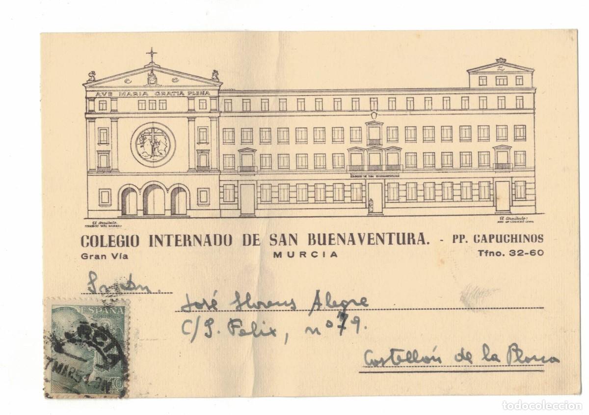 Postales: Documento hist&oacute;rico 1954 - Colegio San Buenaventura Murcia - Cartulina con sello y texto manuscrito