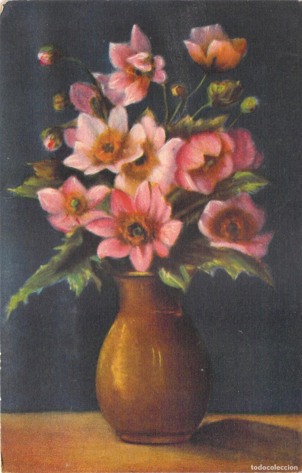 Postales: Postal con ilustraci&oacute;n art&iacute;stica de flores en jarr&oacute;n - Foto 1