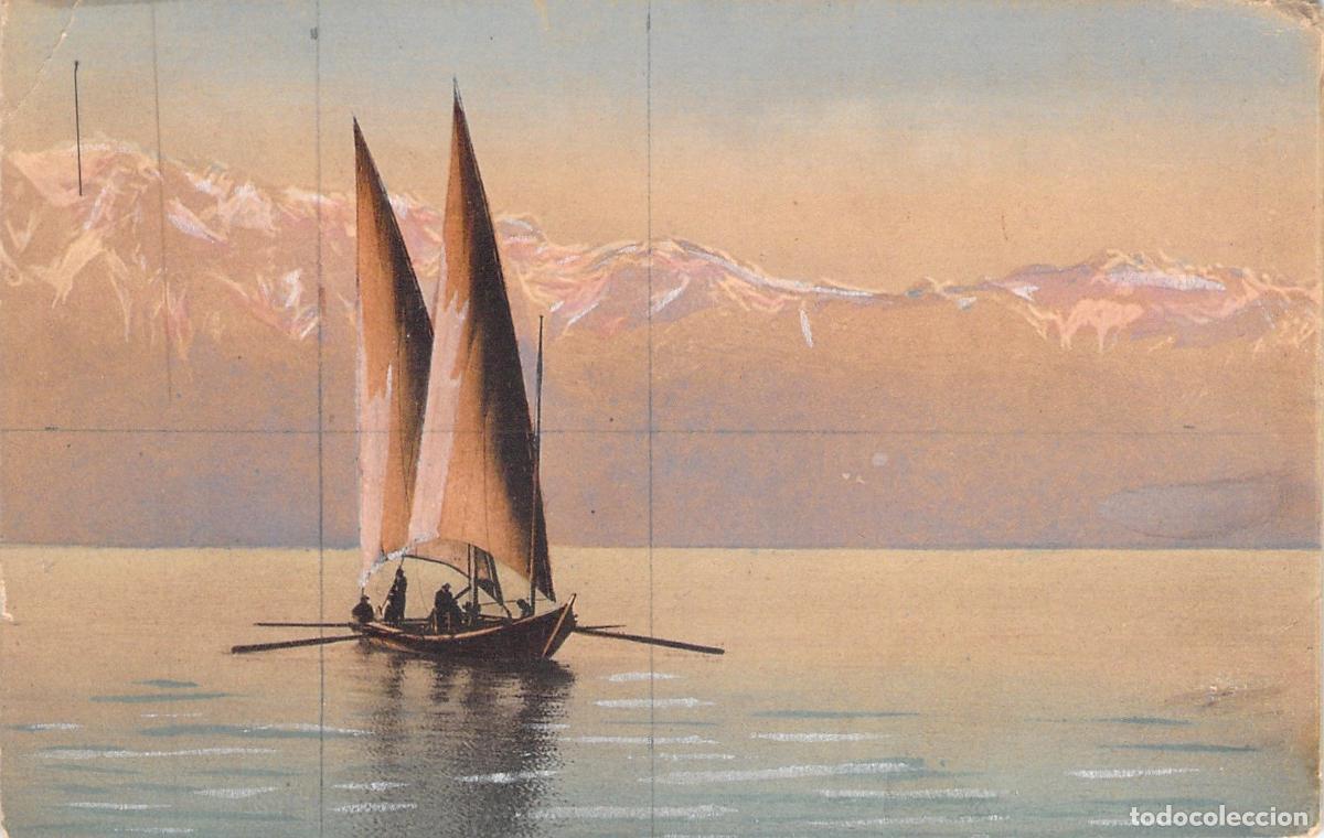 Postales: Postal de paisaje con velero y monta&ntilde;as