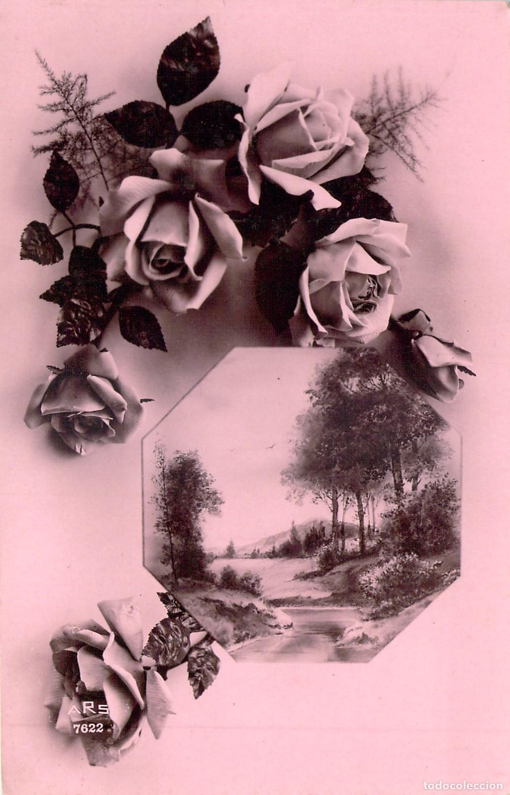 Postales: Postal con ilustraci&oacute;n de paisaje enmarcado en rosas