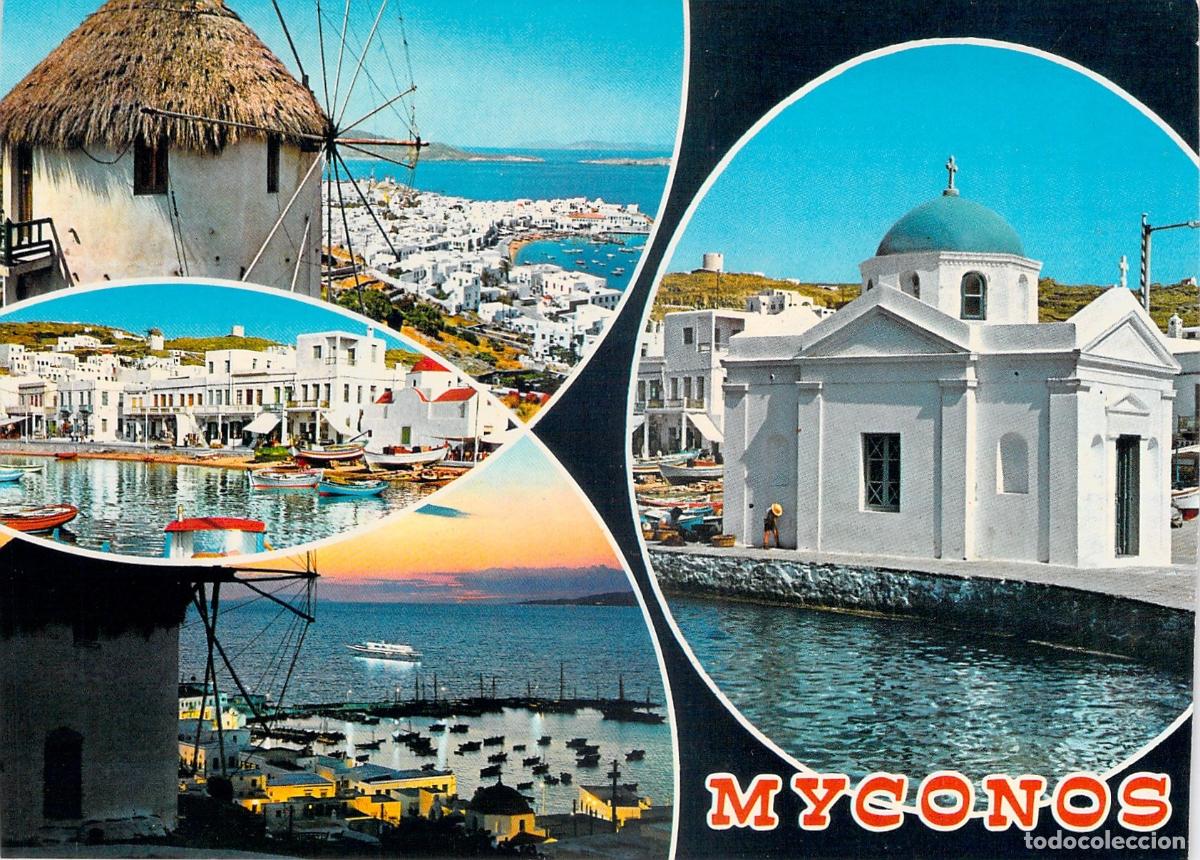 Postales: Postal de Miconos, Grecia con Vistas de Molinos y Arquitectura Tradicional