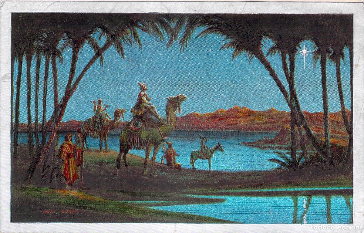 Postales: Postal de los Reyes Magos en el desierto, escena de Navidad