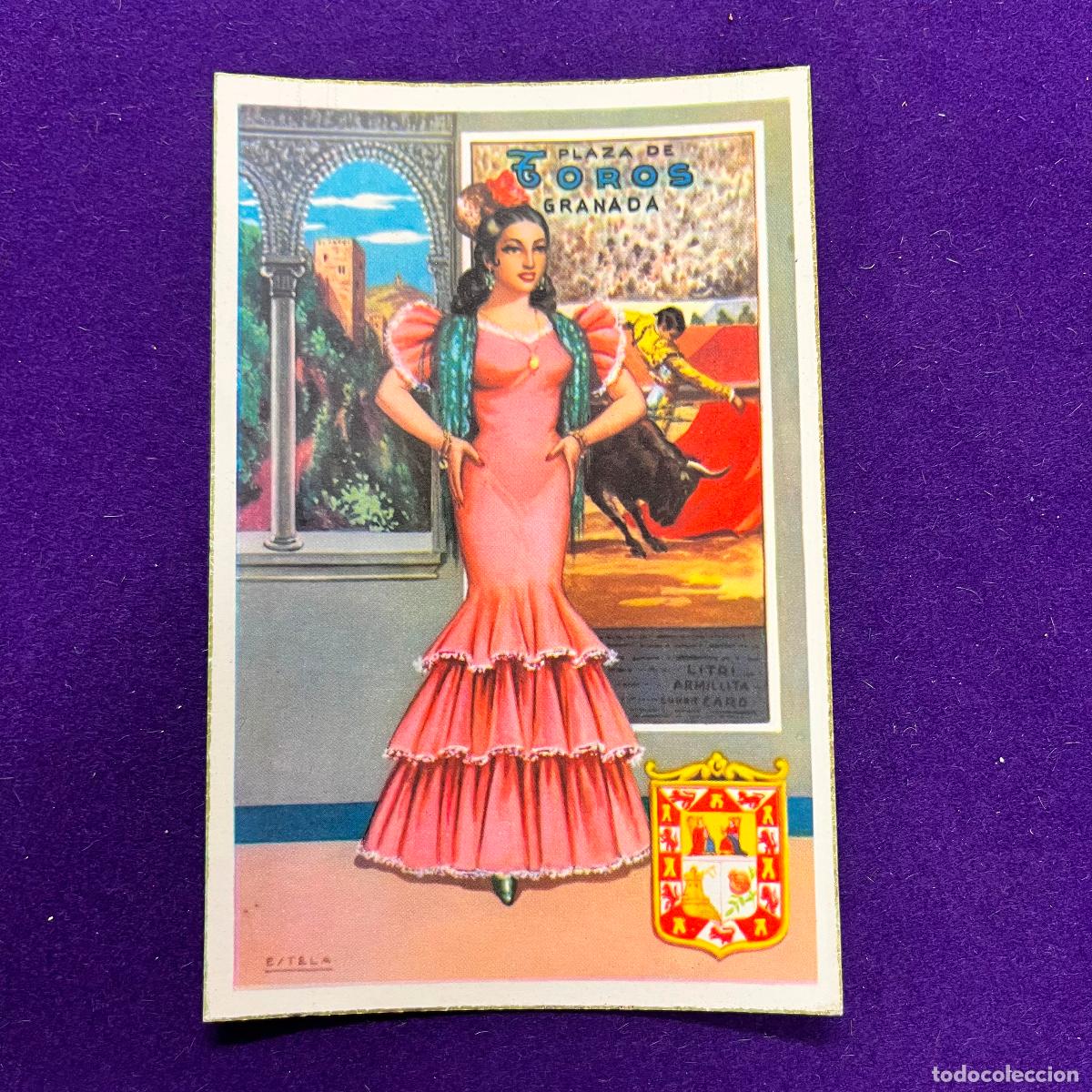 Postkarten: POSTAL DE GRANADA ILUSTRADA POR ESTELA CON EL TRAJE T&Iacute;PICO REGIONAL, MONUMENTO Y CARTEL DE TOROS.