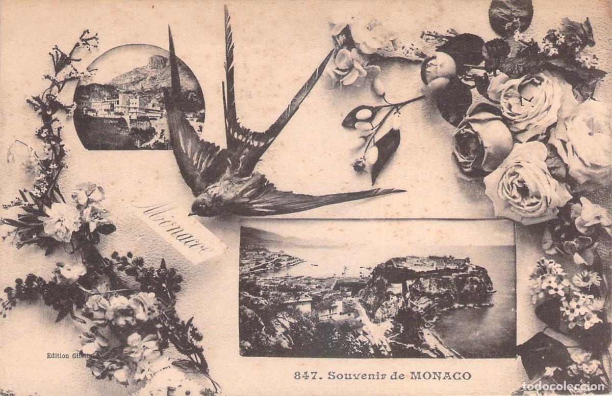 Postales: Postal de Souvenir de M&oacute;naco con ilustraciones de flores y paisaje