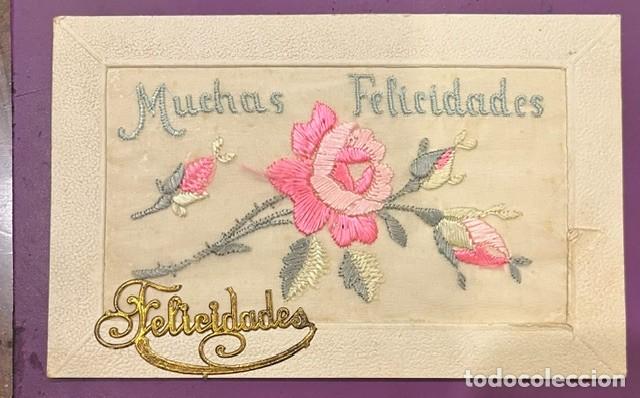 Postales: FELICIACION ANTIGUA BORDADA A MANO SOBRE SEDA 1912