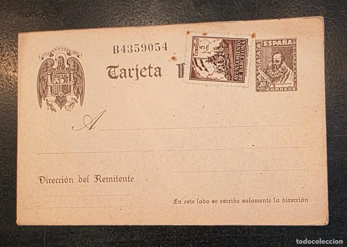 Postcards: P.1111 Antigua Postal Espa&ntilde;a &ndash; Cervantes 20 C&eacute;ntimos &ndash; Sello Ayuntamiento de Barcelona 5 C&eacute;ntimos