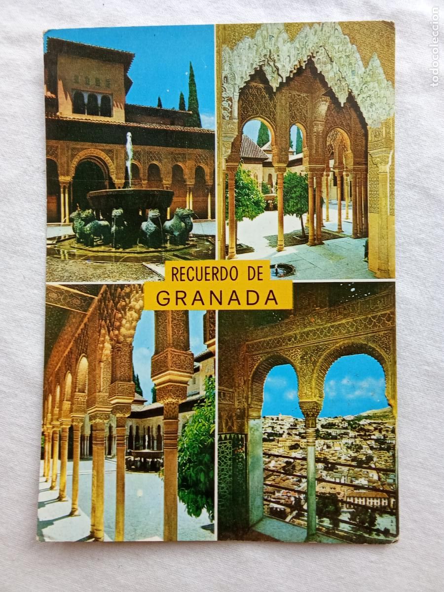 Postales: Recuerdo de Granada. Alhambra, patio de Leones y Mirador P.1257