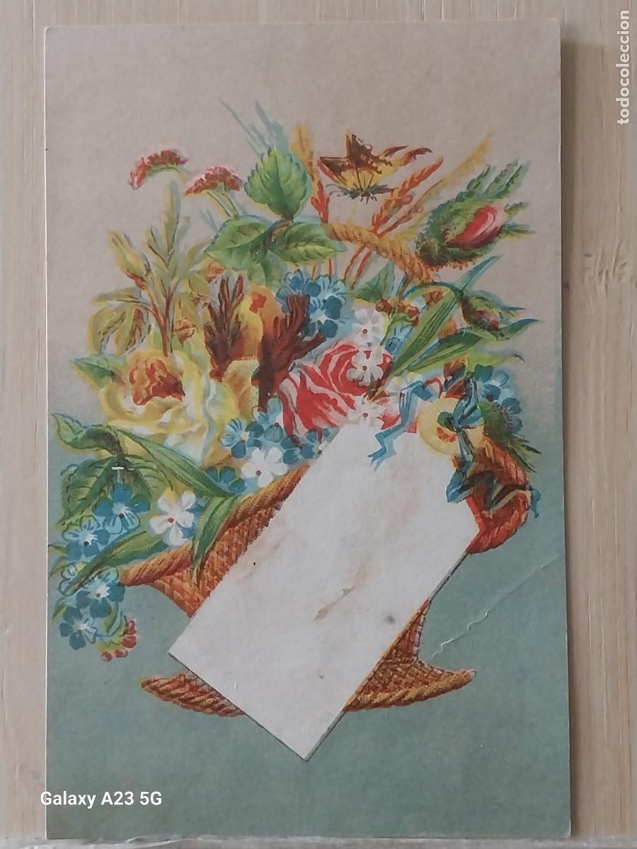 Postales: TARJETA FELICITACION JARRON FLORES CON NOTA ***** ANTIGUA ESTAMPA SIN ESCRIBIR 10.8X6.7CMS