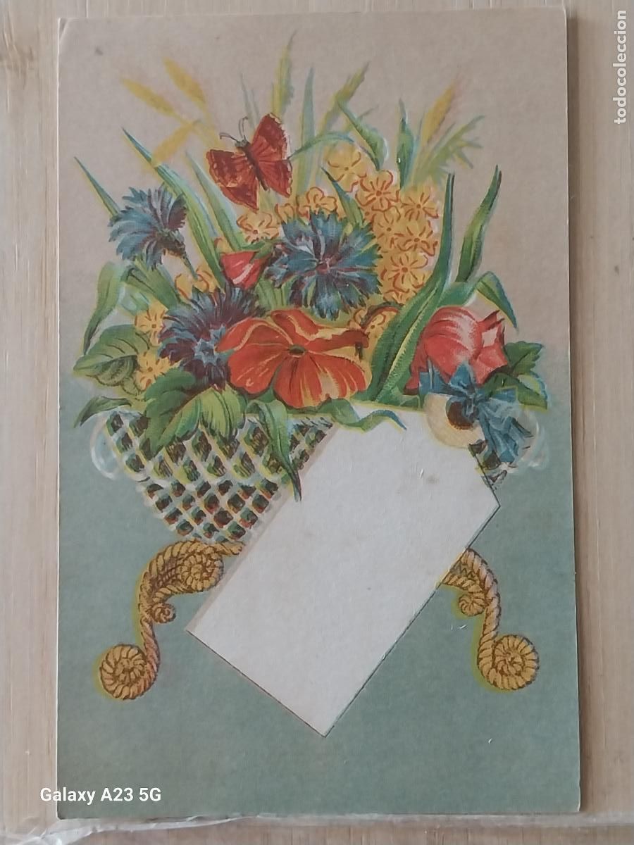 Postales: TARJETA FELICITACION JARRON FLORES CON NOTA **** ANTIGUA ESTAMPA SIN ESCRIBIR 10.8X6.7CMS