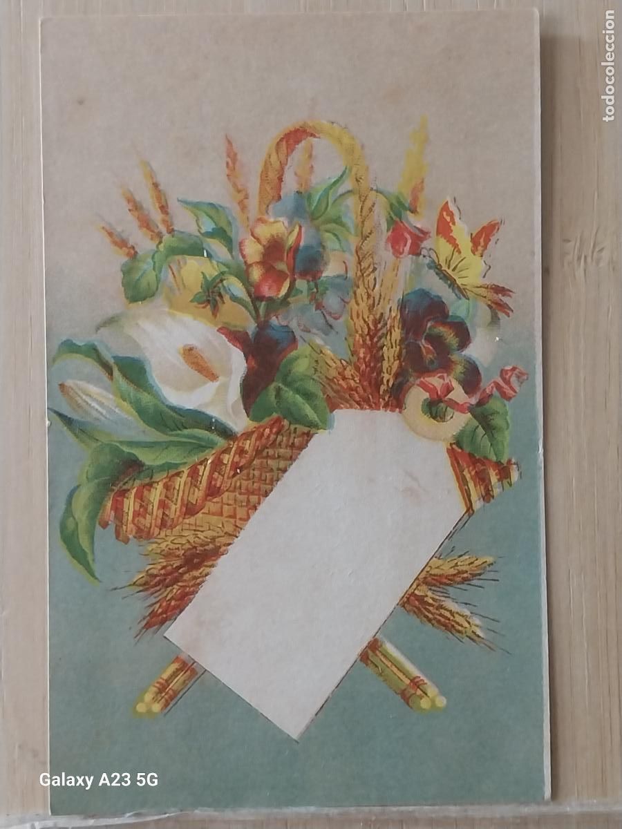 Postales: TARJETA FELICITACION JARRON FLORES CON NOTA *** ANTIGUA ESTAMPA SIN ESCRIBIR 10.8X6.7CMS