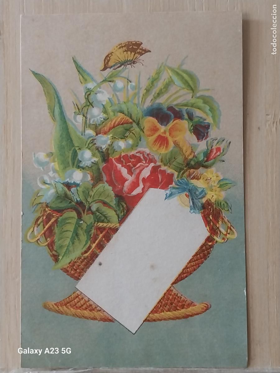 Postales: TARJETA FELICITACION JARRON FLORES CON NOTA ** ANTIGUA ESTAMPA SIN ESCRIBIR 10.8X6.7CMS