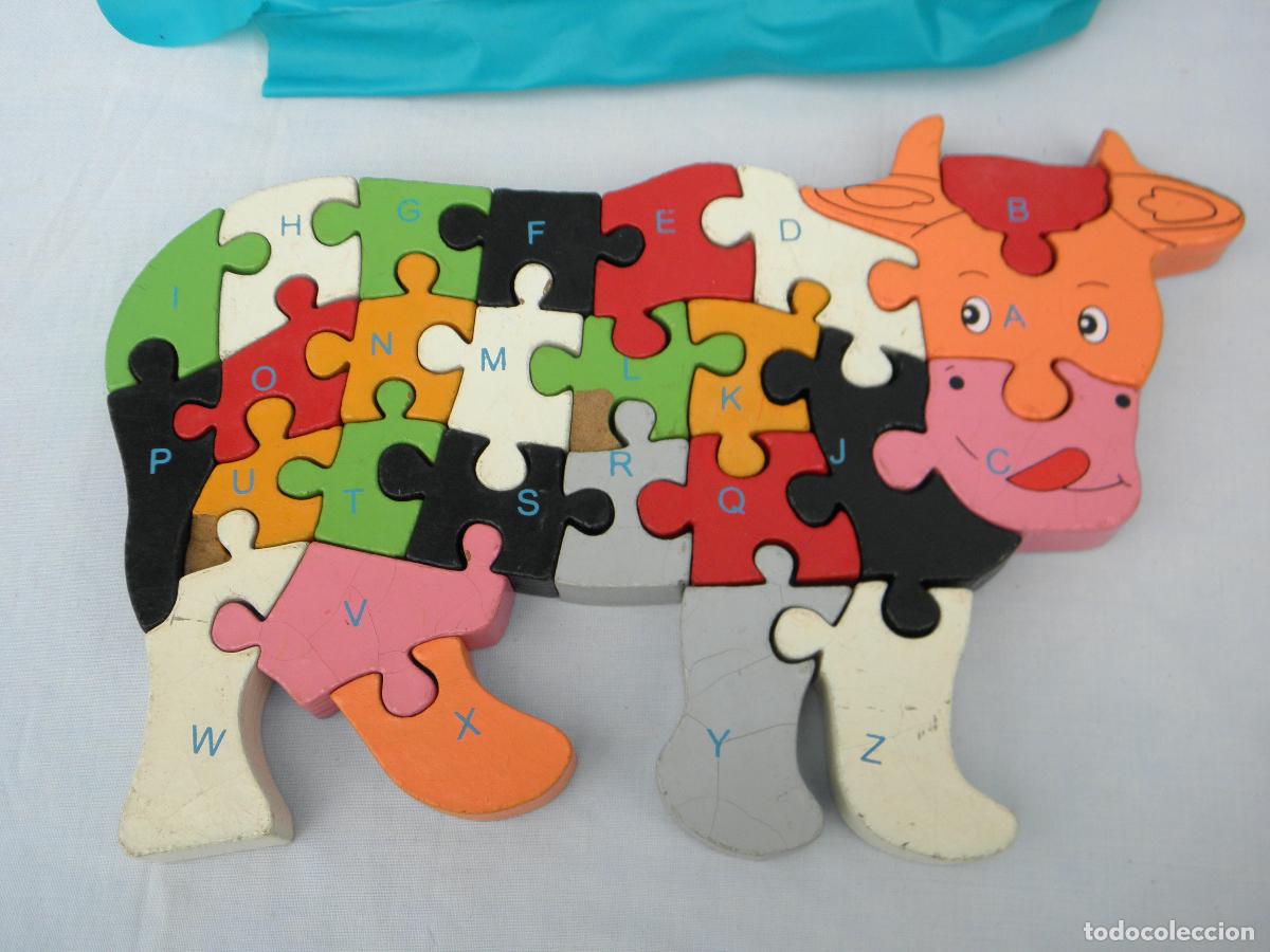 Puzzles: Antiguo puzzle Vaca multicolor de madera, para aprender n&uacute;meros y letras - Foto 3
