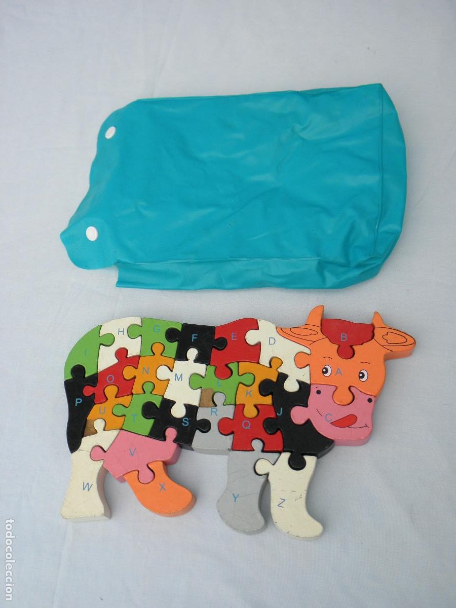 Puzzles: Antiguo puzzle Vaca multicolor de madera, para aprender n&uacute;meros y letras - Foto 4